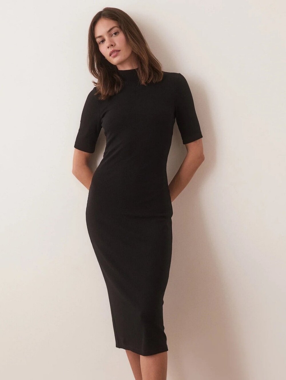 NEW Marine Layer Lexi Rib Knit Mock Neck Midi Bodycon Dress M Black Slimming